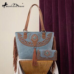 Montana West Embroidered Concealed Carry Tote with Wallet Set
